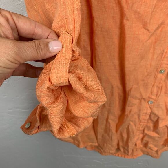 Sigrid Olsen Orange Linen Top Sizse 1X Roll Tab Sleeve V Neck Button Up Relaxed - Picture 3 of 7
